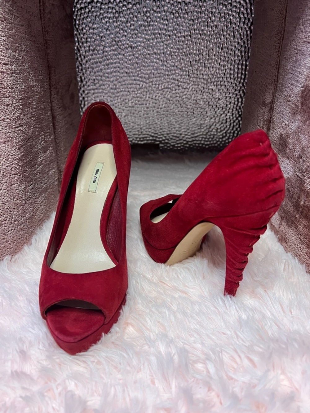 Miu Miu Red Suede Peep-Toe Ruched Stitched Heel Pumps IT 36/ US 6